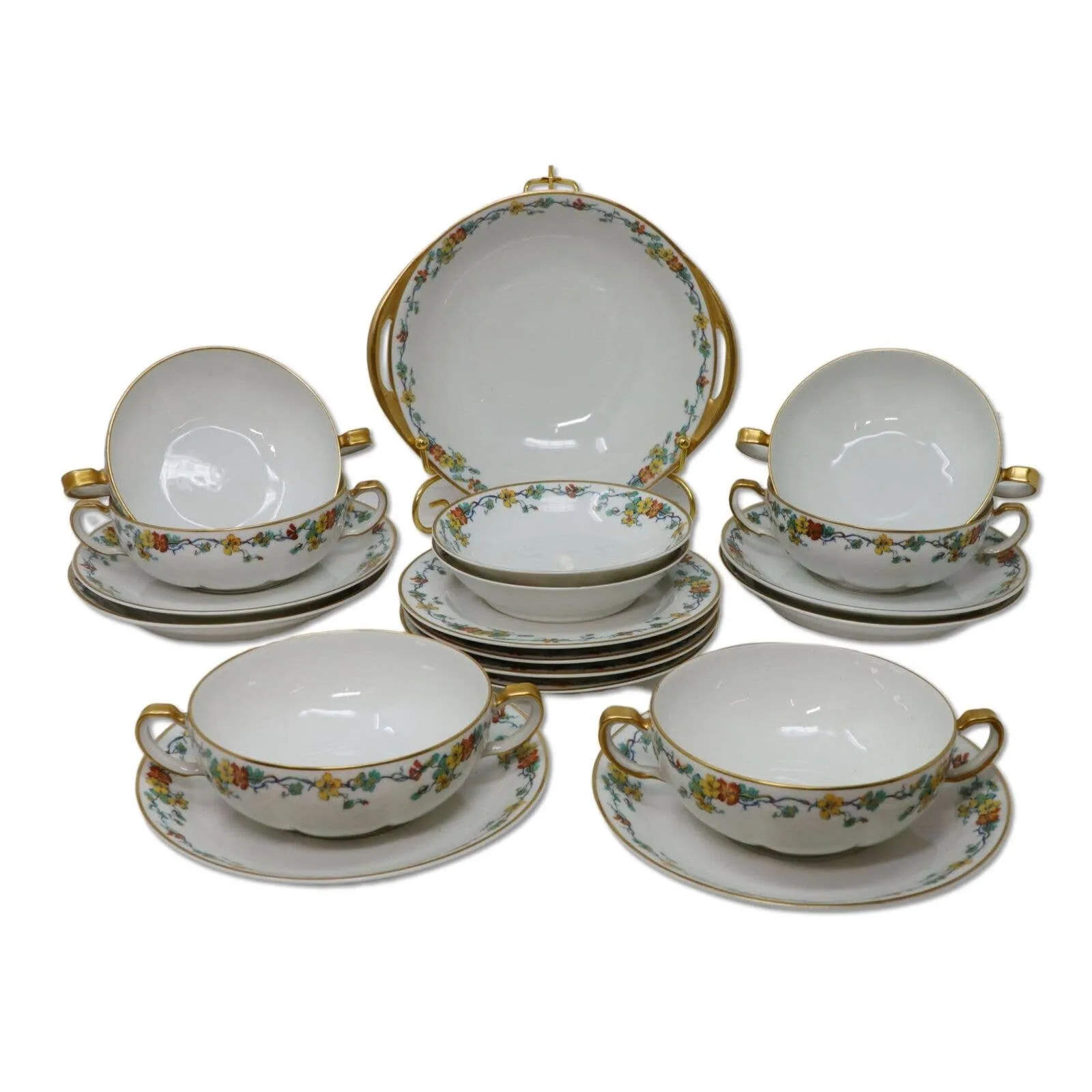 19pc Haviland Limoges Bullion Bowl Serving Set Floral Vine Gold Rim Antique 1926