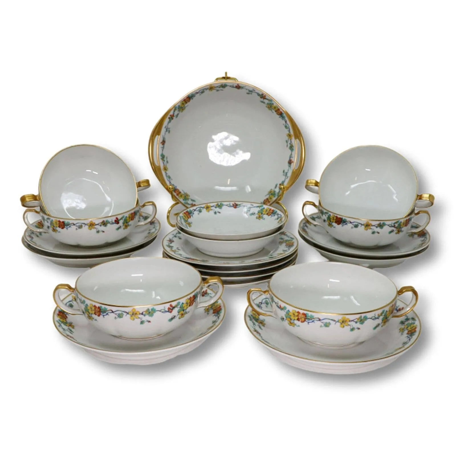 19pc Haviland Limoges Bullion Bowl Serving Set Floral Vine Gold Rim Antique 1926